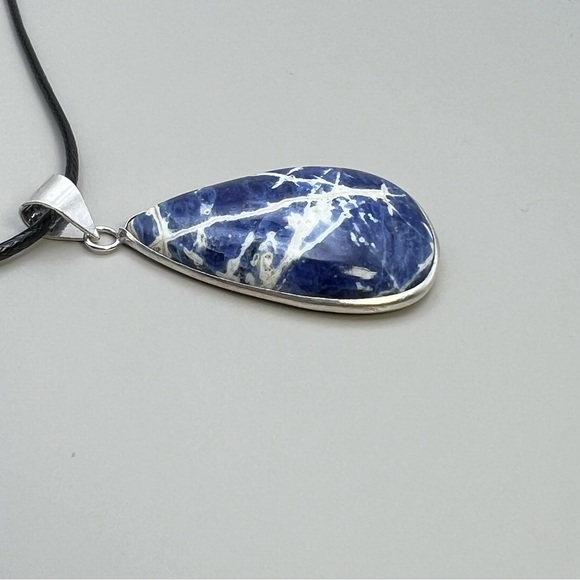 New Sodalite Stone Silver Overlay Pendant Necklace with Cord - Picture 2 of 5